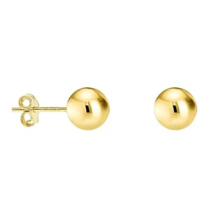 Pair of gold spherical stud earrings with butterfly backs, featuring a polished finish.