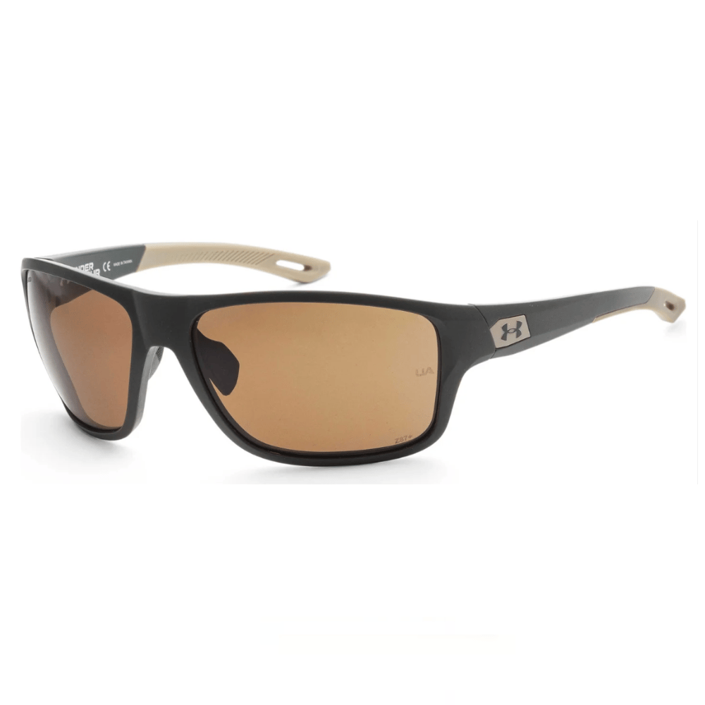 Black and tan sports sunglasses with brown lenses, featuring the Under Armour logo on the temples.