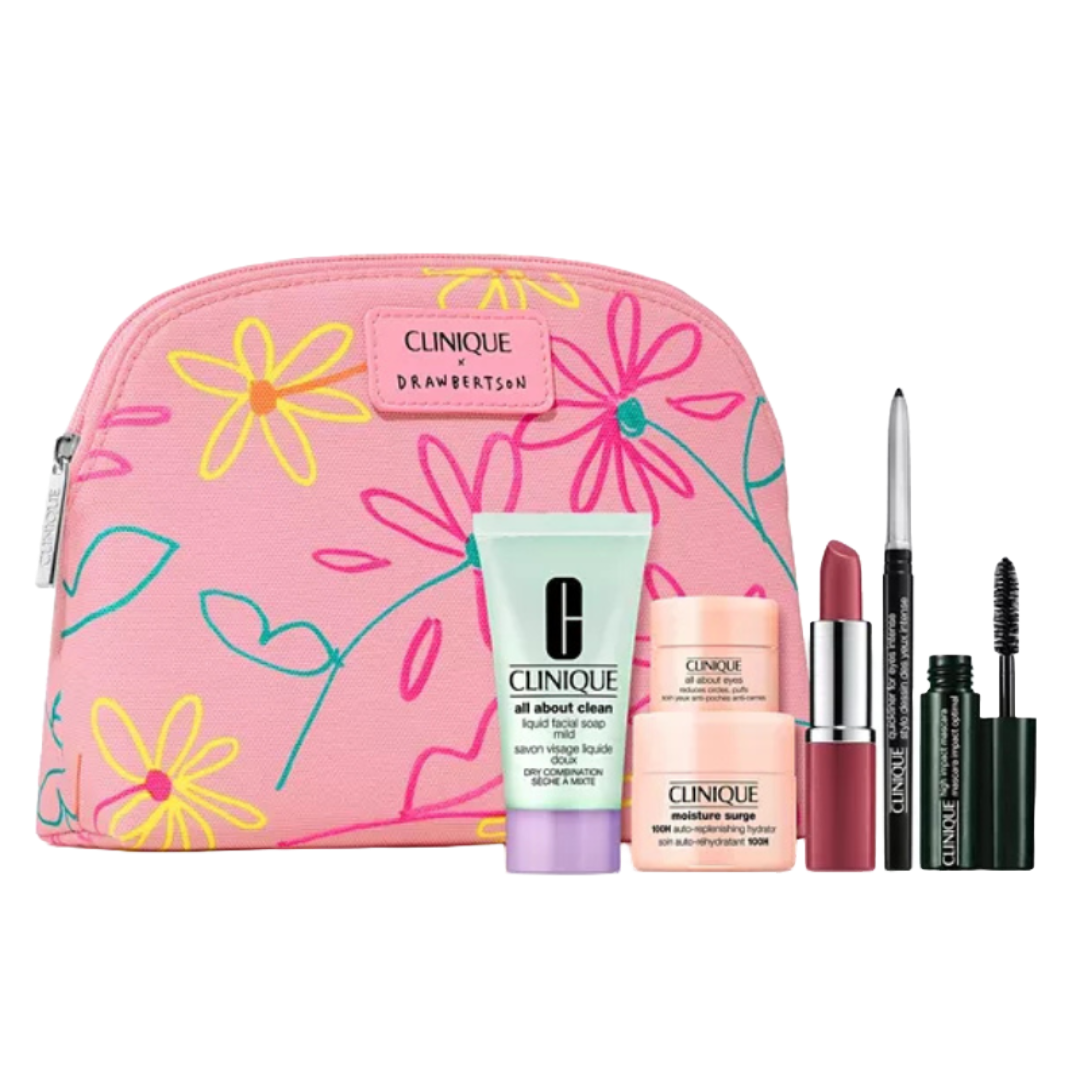 Clinique x Drawbertson cosmetic pouch with pink floral design includes All About Clean facial soap, All About Eyes cream, Moisture Surge, a lipstick, an eyeliner, and mascara.