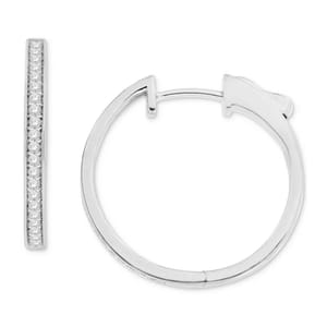Macy's 1/4ct diamond hoops feature a sleek circular design adorned with a row of small sparkling diamonds on the front edge, set in polished metal, and secured with a latch back closure.