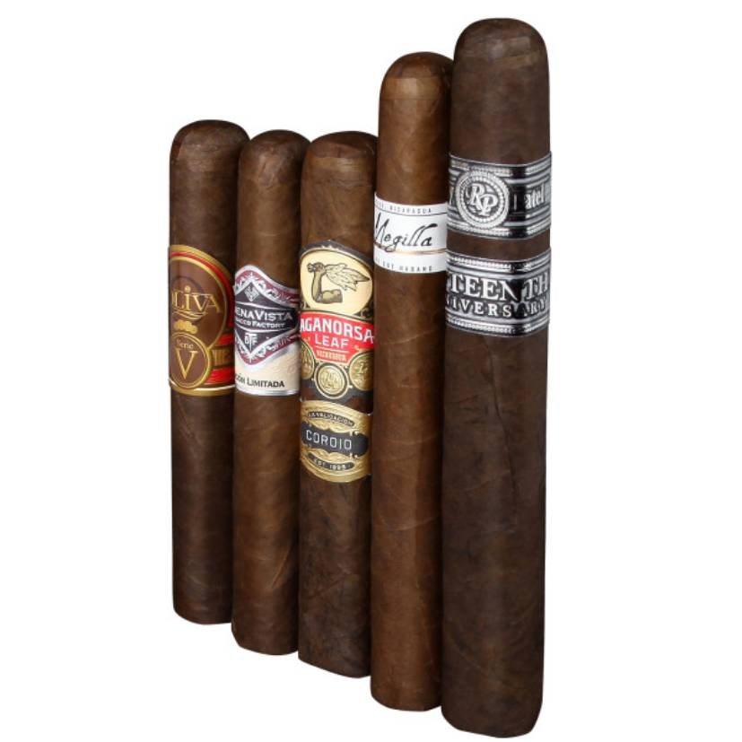 A selection of five cigars with various wrappers and labels displaying brand names and product lines.