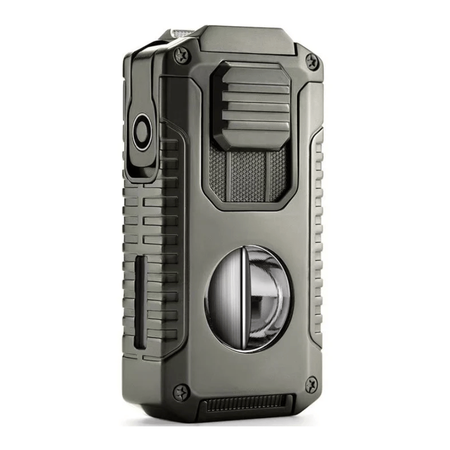 A rugged, metallic cigarette lighter with a button on the side and a cylindrical mechanism on the front. Designed with a robust exterior and screw details at the corners.