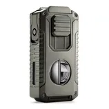 A rugged, metallic cigarette lighter with a button on the side and a cylindrical mechanism on the front. Designed with a robust exterior and screw details at the corners.