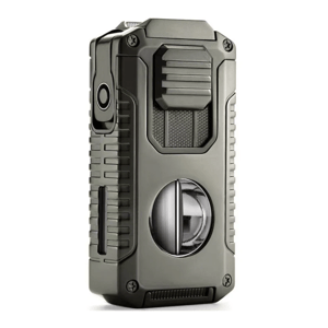 A rugged, metallic cigarette lighter with a button on the side and a cylindrical mechanism on the front. Designed with a robust exterior and screw details at the corners.