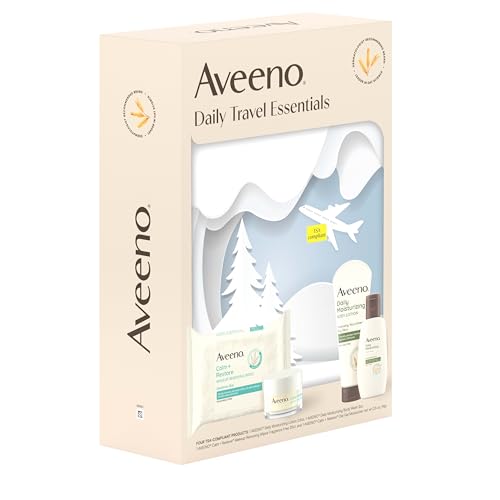 Aveeno Daily Travel Essentials set includes cleansing towelettes, facial moisturizer, and body lotion in travel sizes, packaged with a winter-themed design.