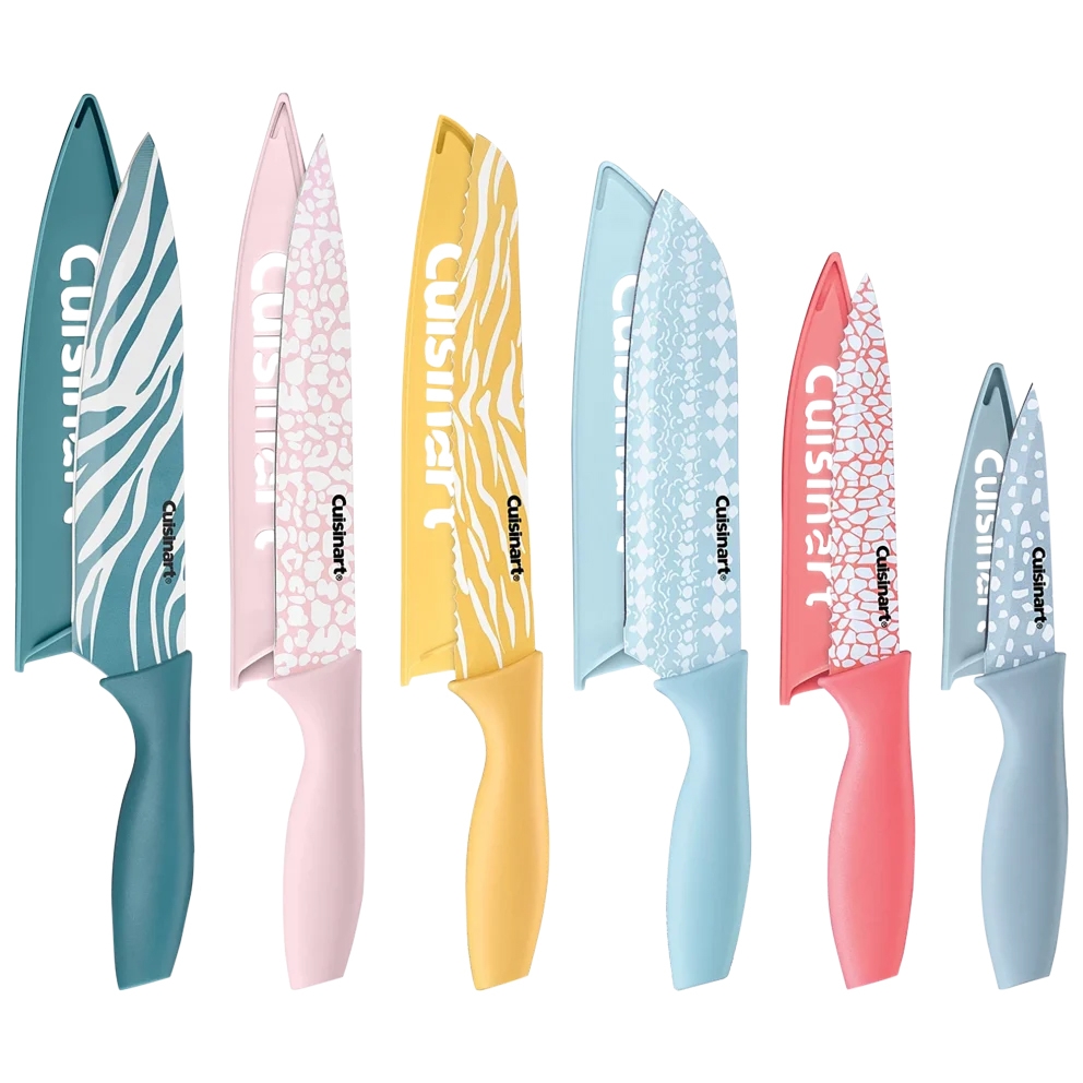 6-piece Cuisinart knife set includes colorful knives with animal-print designs and matching blade covers. Colors include teal, pink, yellow, blue, coral, and gray with patterns like zebra, leopard, and giraffe.