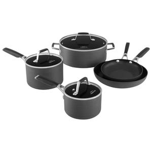 A set of four non-stick cookware items includes two saucepans with lids, a large pot with a lid, and two frying pans with metal handles and a sleek black finish.
