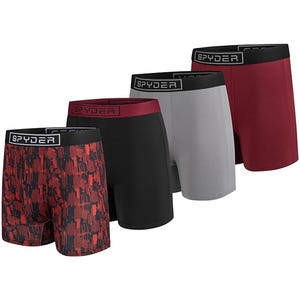 Four pairs of Spyder boxer briefs in assorted colors: red pattern, black, gray, and solid red, each featuring a black waistband with the Spyder logo.