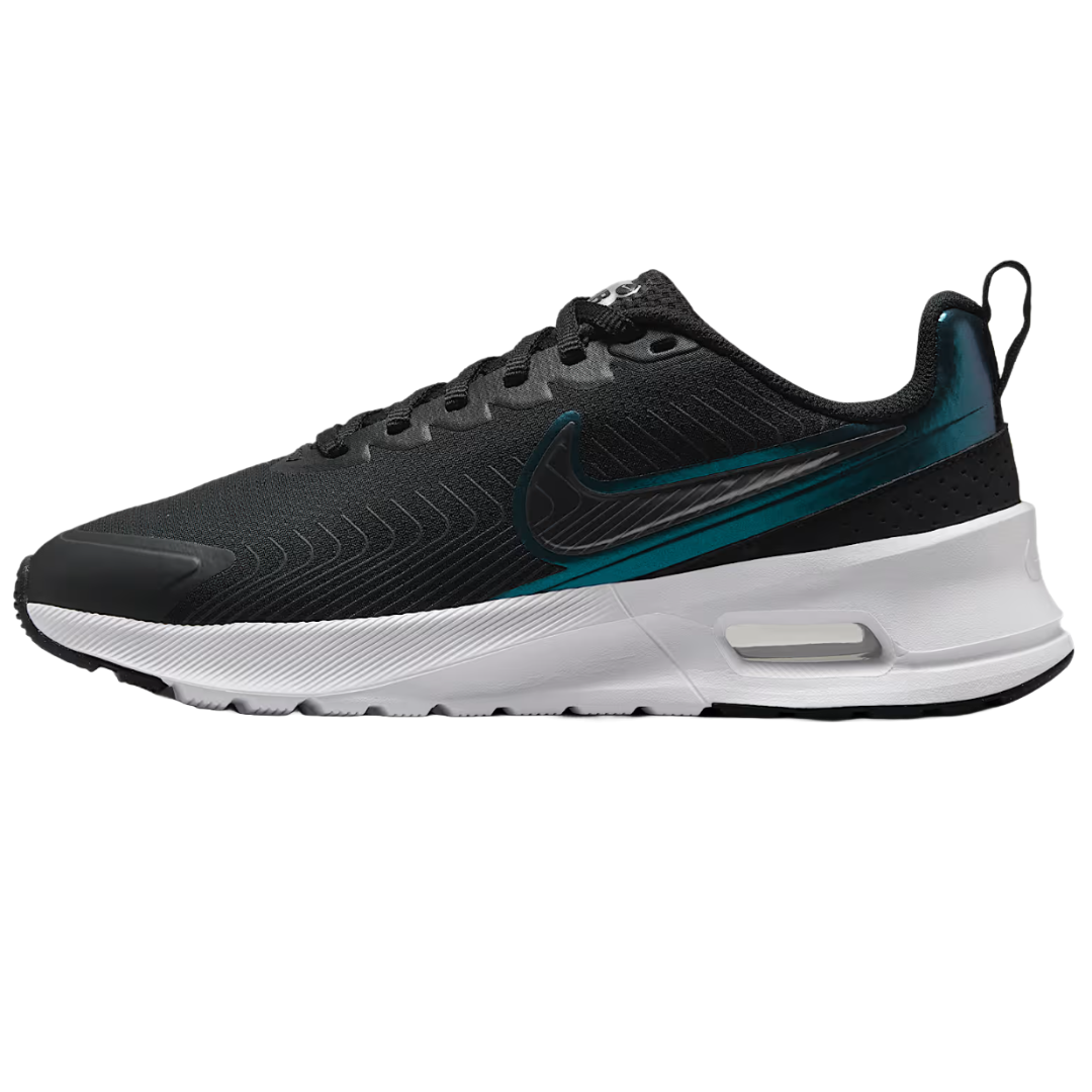 Nike Women's Air Max Nuaxis Shoes feature a sleek black design with a textured upper, prominent teal accents on the Swoosh, and a visible Air unit in the white midsole for cushioning.
