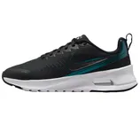 Nike Women's Air Max Nuaxis Shoes feature a sleek black design with a textured upper, prominent teal accents on the Swoosh, and a visible Air unit in the white midsole for cushioning.