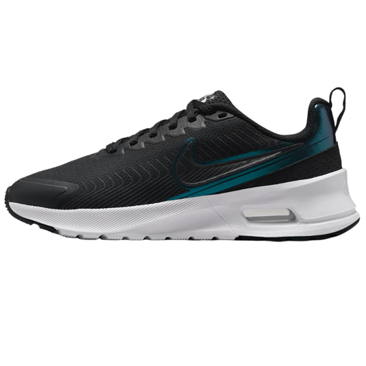 Nike Women's Air Max Nuaxis Shoes feature a sleek black design with a textured upper, prominent teal accents on the Swoosh, and a visible Air unit in the white midsole for cushioning.