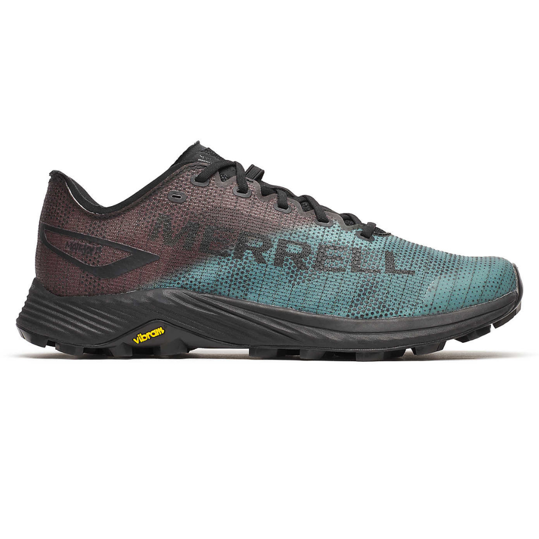 Merrell trail running shoe with a gradient design from black to blue, featuring a Vibram sole for enhanced grip and performance.