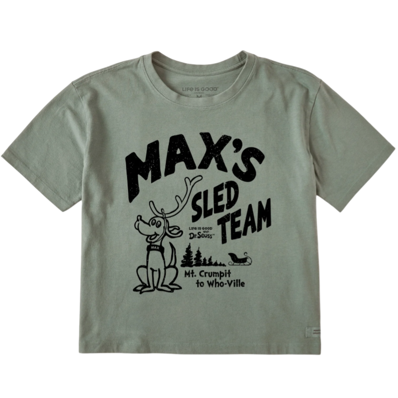 Green T-shirt featuring \“Max's Sled Team\“ graphic, with Dr. Seuss's character Max, a sled, and text \“Mt. Crumpit to Who-Ville.\“