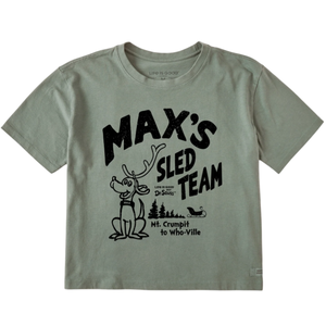 Green T-shirt featuring \“Max's Sled Team\“ graphic, with Dr. Seuss's character Max, a sled, and text \“Mt. Crumpit to Who-Ville.\“