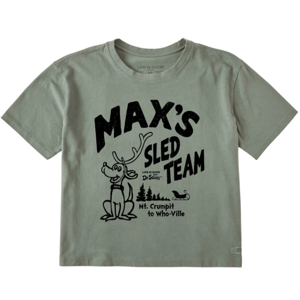 Green T-shirt featuring \“Max's Sled Team\“ graphic, with Dr. Seuss's character Max, a sled, and text \“Mt. Crumpit to Who-Ville.\“