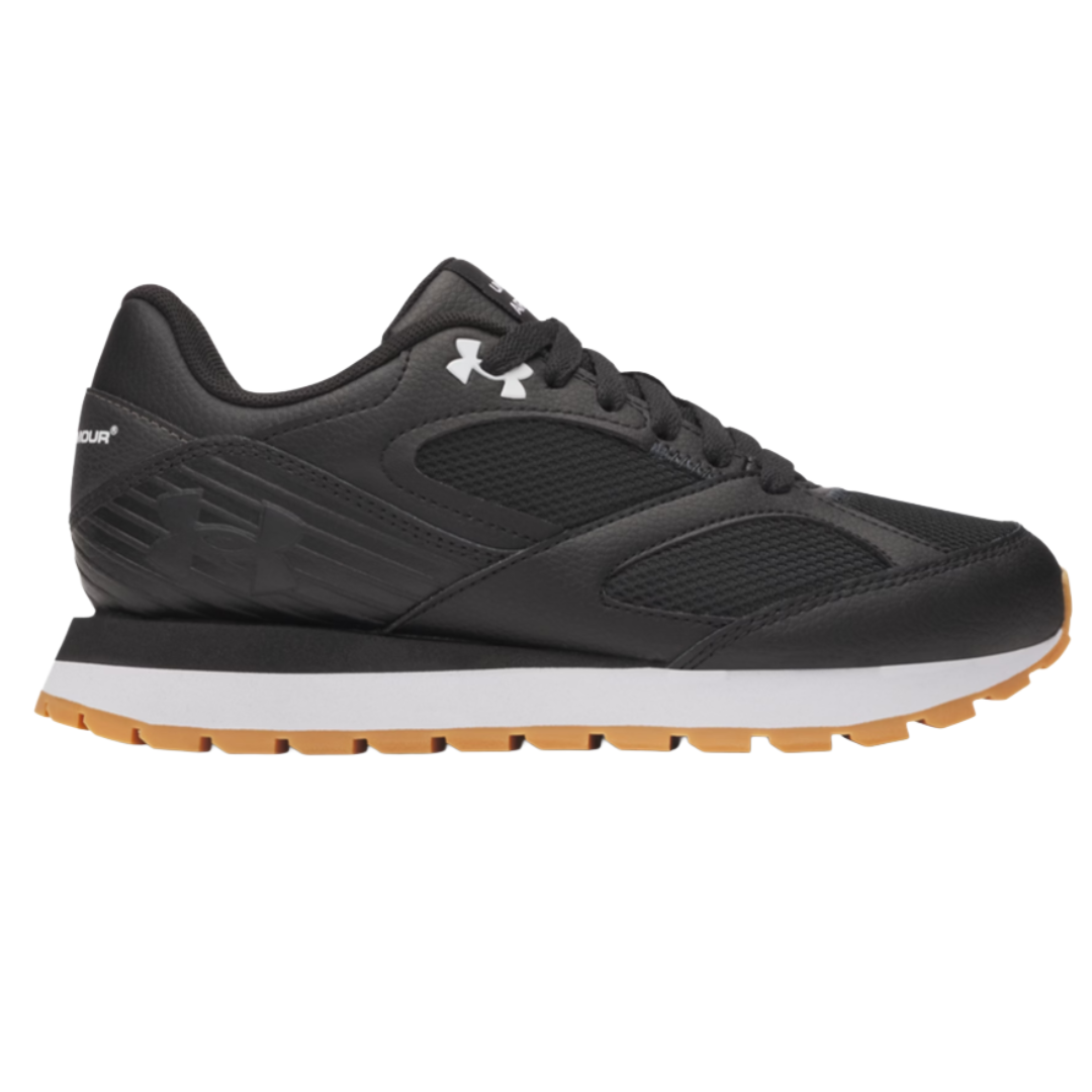 Black athletic sneaker with mesh and leather details, featuring a white midsole and a gum-colored outsole.