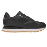 Black athletic sneaker with mesh and leather details, featuring a white midsole and a gum-colored outsole.
