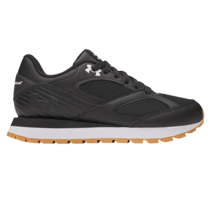 Black athletic sneaker with mesh and leather details, featuring a white midsole and a gum-colored outsole.