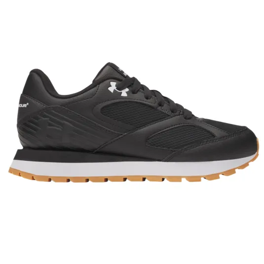 Black athletic sneaker with mesh and leather details, featuring a white midsole and a gum-colored outsole.
