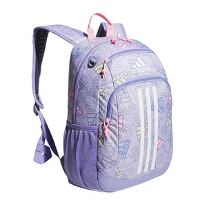 A lavender backpack with brand logos, pink accents, and side mesh pockets.