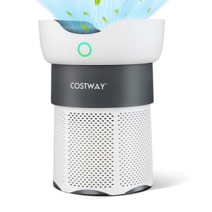 Cylindrical air purifier with a white and gray design, featuring the brand \“COSTWAY,\“ releasing fresh air and green leaf-like graphics from the top.