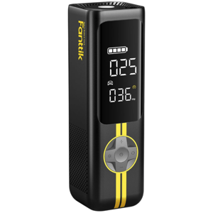 A digital portable air compressor with a display indicating 25% battery and 36 PSI, featuring a circular control panel and a yellow racing stripe design.