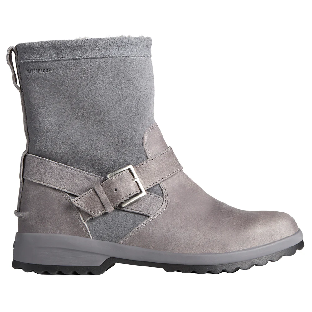 A gray winter boot with a buckle strap and waterproof label.