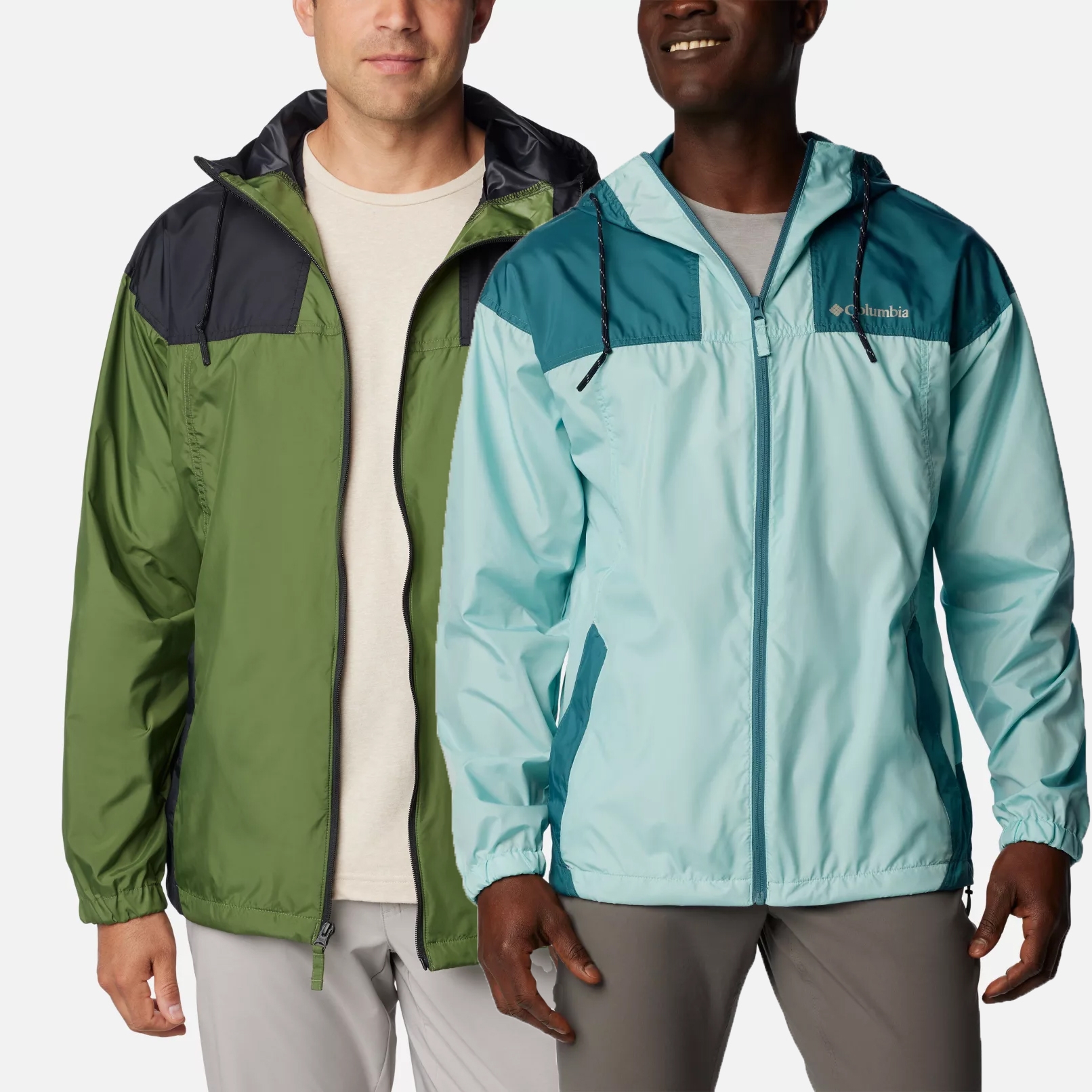 Two men wearing Columbia brand rain jackets, one in olive green with black details and the other in light blue with navy accents.