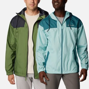 Two men wearing Columbia brand rain jackets, one in olive green with black details and the other in light blue with navy accents.