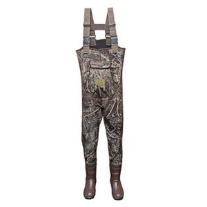 Camo-patterned overalls with attached boots designed for outdoor activities such as hunting.