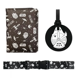 Star Wars-themed luggage accessory set includes a passport holder, a luggage tag featuring a spaceship design, and a suitcase strap. All items are adorned with Star Wars logos and symbols.