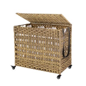 A woven laundry hamper with a lid, featuring a natural rattan design and equipped with wheels for easy mobility.