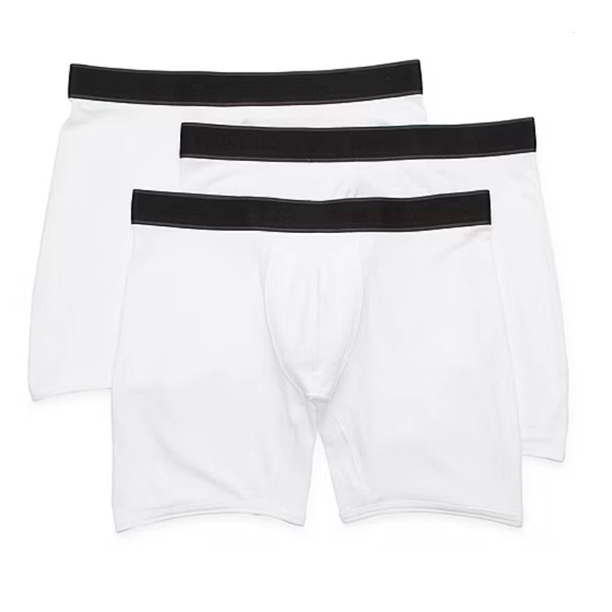 Three pairs of white boxer briefs with varying waistband colors.