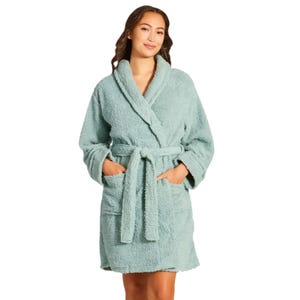 A soft, light blue plush robe with a shawl collar, waist belt, and long sleeves. It features two front pockets for convenience.
