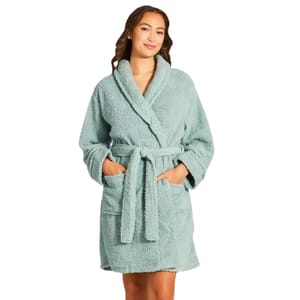 A soft, light blue plush robe with a shawl collar, waist belt, and long sleeves. It features two front pockets for convenience.