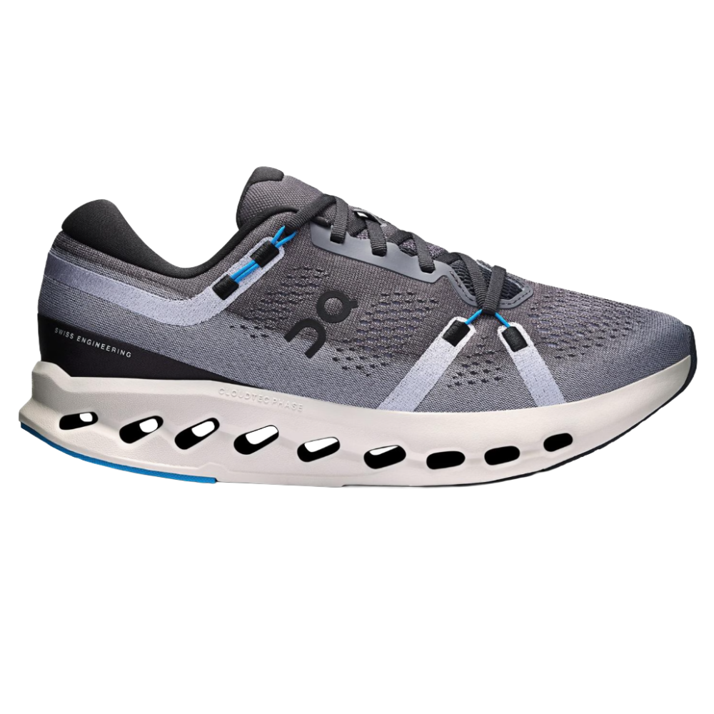 A gray and black athletic shoe featuring a mesh upper with blue accents and a unique cushioned sole design from On Running.