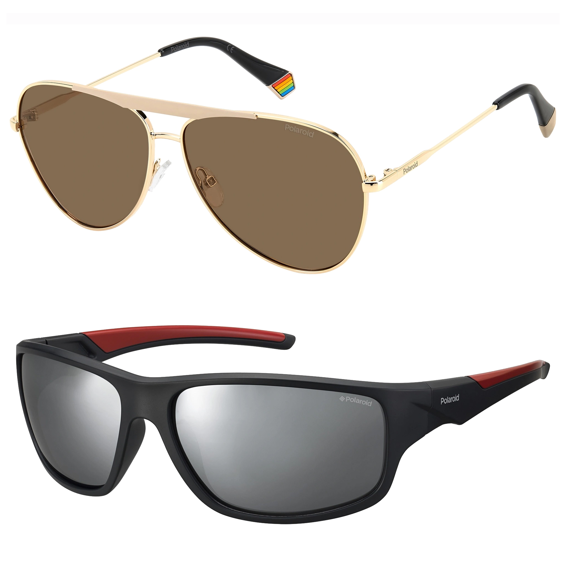 Two styles of Polaroid sunglasses are shown: a gold-framed aviator with brown lenses and a black sports style with red accents and mirrored lenses.