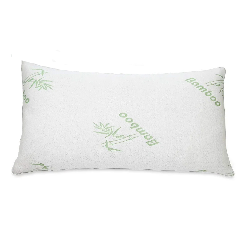 Queen Bamboo Foam Pillow features a white cover with green \“Bamboo\“ text and bamboo leaf patterns. It is designed for comfort and support using bamboo-infused memory foam.