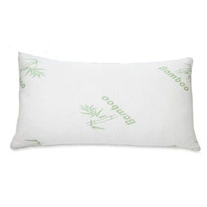 Queen Bamboo Foam Pillow features a white cover with green \“Bamboo\“ text and bamboo leaf patterns. It is designed for comfort and support using bamboo-infused memory foam.