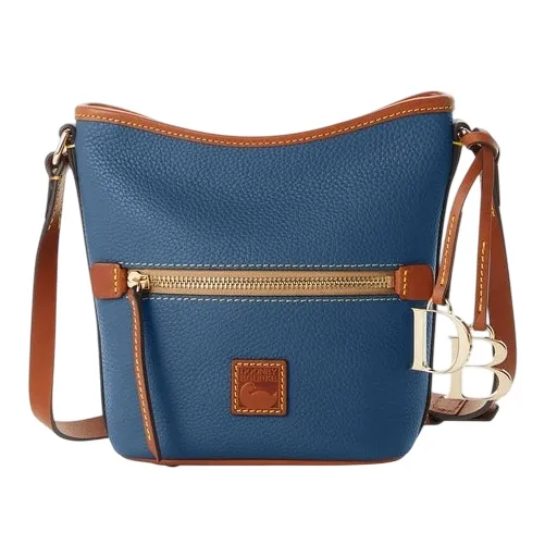 Blue leather crossbody bag with brown accents, featuring a front zippered pocket, adjustable strap, and gold hardware.