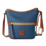 Blue leather crossbody bag with brown accents, featuring a front zippered pocket, adjustable strap, and gold hardware.