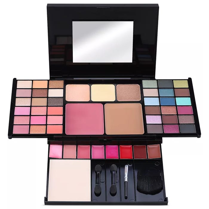 Makeup palette with eyeshadows, blushes, lip glosses, and applicators in a compact design with a mirror.
