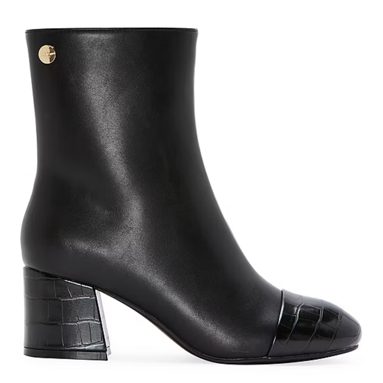 Black ankle booties with a smooth leather finish, featuring a croc-embossed block heel and toe. Includes a small gold-tone embellishment near the top.
