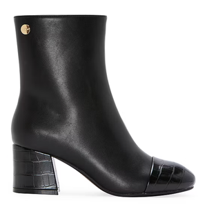 Black ankle booties with a smooth leather finish, featuring a croc-embossed block heel and toe. Includes a small gold-tone embellishment near the top.