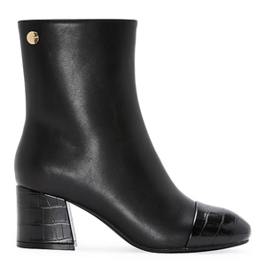 Black ankle booties with a smooth leather finish, featuring a croc-embossed block heel and toe. Includes a small gold-tone embellishment near the top.