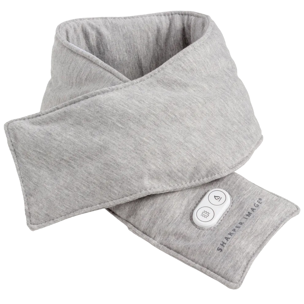 A grey heated neck wrap with two control buttons, designed for comfort and relaxation.
