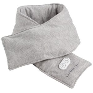 A grey heated neck wrap with two control buttons, designed for comfort and relaxation.