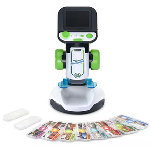 LeapFrog Magic Adventures Microscope with a digital screen includes several slide cards for exploring various subjects.