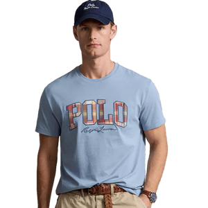 A man wearing a light blue t-shirt with the \“POLO Ralph Lauren\“ logo and a navy baseball cap.