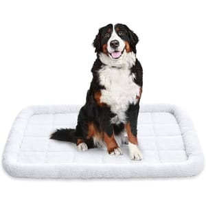 A large, rectangular pet bed with a soft, white fleece surface and cushioned edges, suitable for dogs.